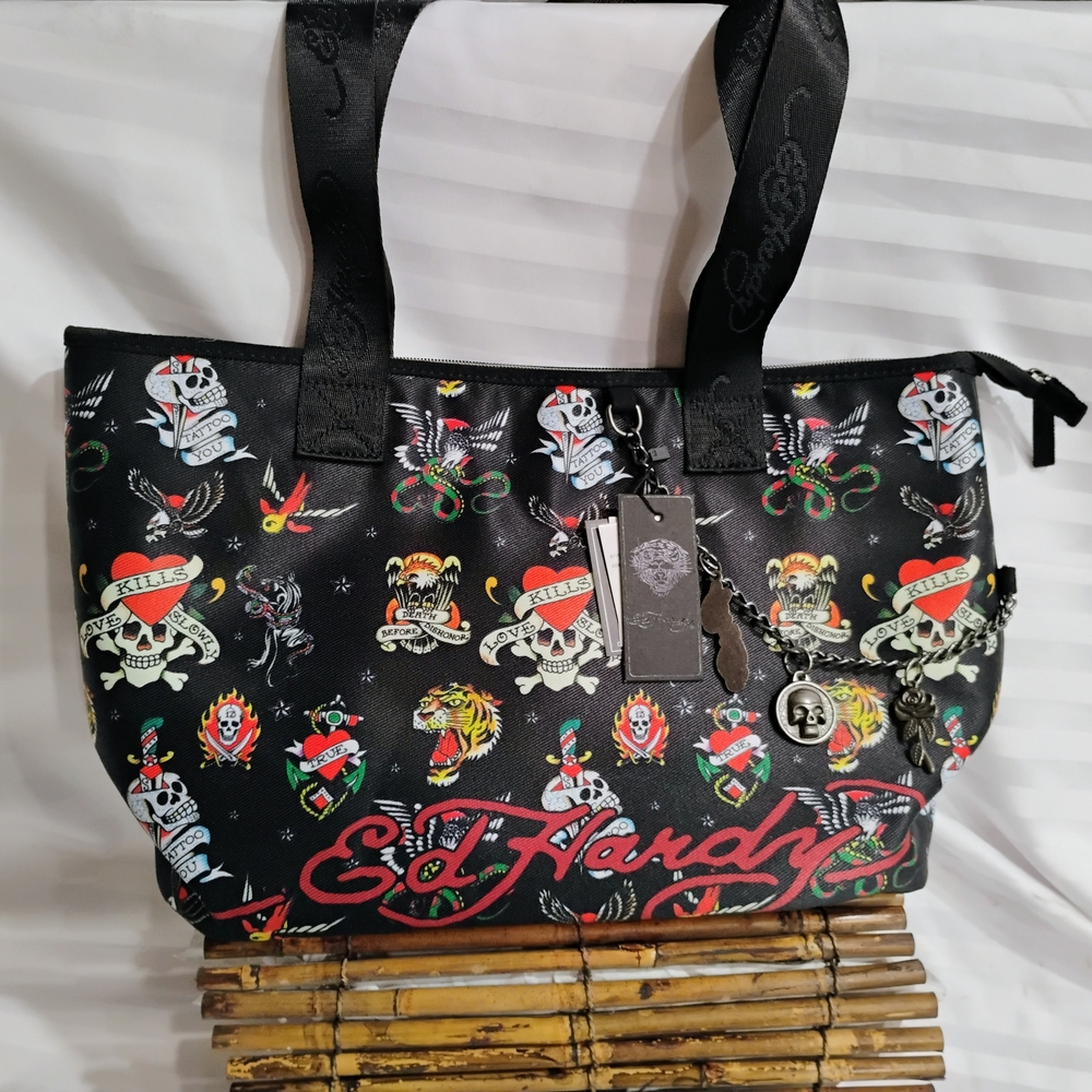 Ed Hardy Black Tote with Colorful Tattoo Graphics